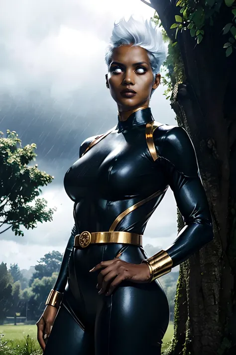 halle berry, storm, white hair, white pixie cut hair, dark skin, white eyes, jewelry, floating hair, black bodysuit, 
looking at viewer, serious, simple background, hands on hips, 
outside, park, trees, overcast, cloudy, raining,  
jazzy ambiance, extremely detailed, HDR,<lora:Storm-10:.8>  <lora:whiteeyes_27:.8>