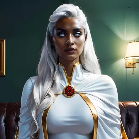 Ororo Munroe, (white long hair), dark skin, white eyes, jewelry, white cape, floating hair, white bodysuit with yellow trim, 
close up, looking at viewer, serious, happy,
indoors, living room, fancy background,
pleasant ambiance, extremely detailed, HDR,<lora:Storm-10:.8><lora:whiteeyes_27:.8>