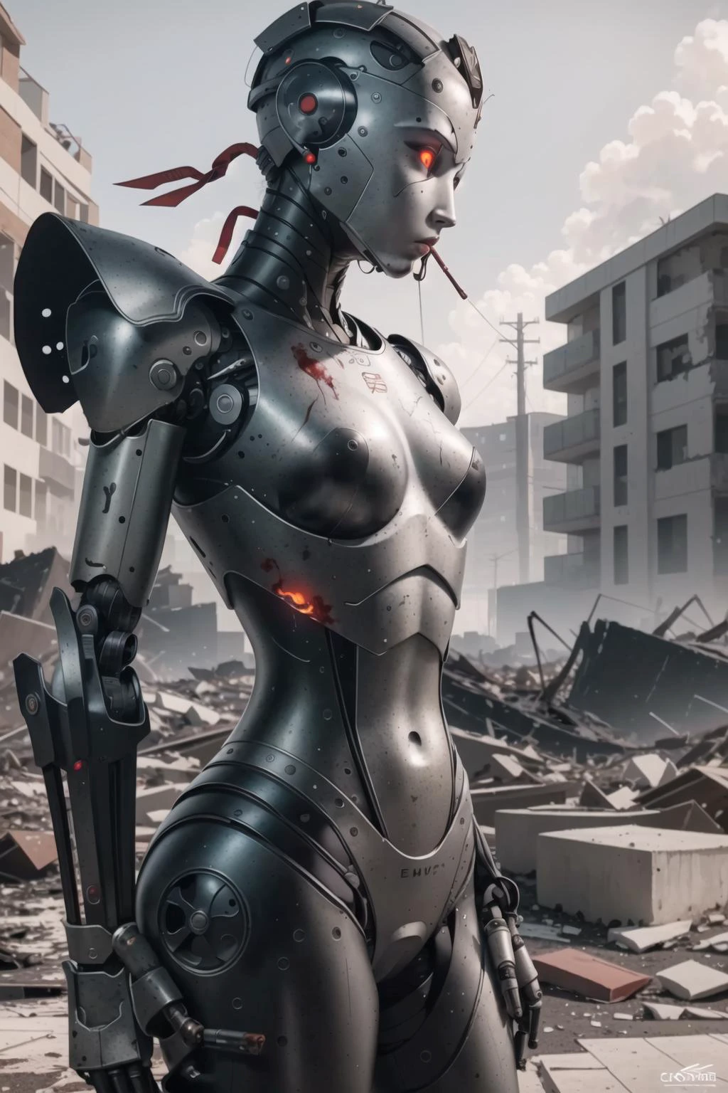 Лучшее качество, сложные детали,  (Гиперреалистичная цифровая иллюстрация),(шедевр:1.1),


 кровь, разрушенные пейзажи, обломки, щебень, огонь на заднем плане, курить, оторванные конечности, Страшная атмосфера, humanoid робот, робот, робот суставы, суставы, шлем, броня, робот girl,