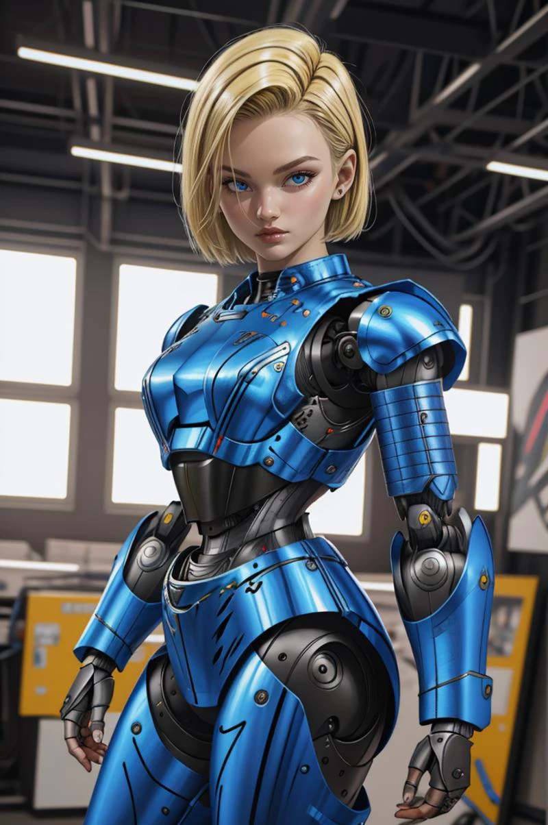 beste Qualität, komplizierte Details,  (hyperrealistische digitale Illustration),(Meisterwerk:1.1),
android 18, blaue Augen, kurzes Haar, blondes Haar,
humanoider Roboter, robot, robot Gelenke, Gelenke, Helm, Rüstung, Robotermädchen,
 