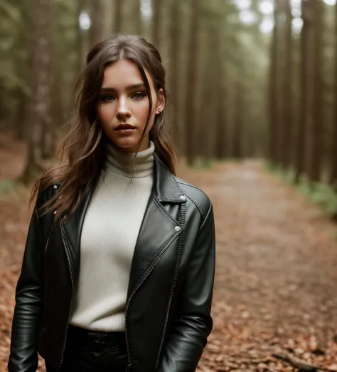 a woman in a black leather jacket standing in a forest