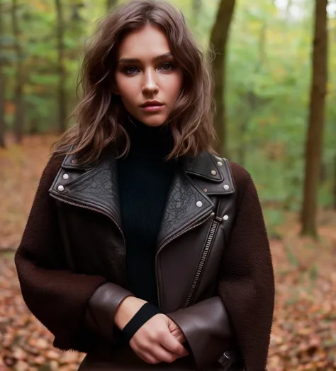 a woman in a black turtle neck sweater and brown leather jacket