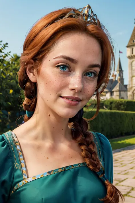 FionaWaifu,blue eyes, red hair, single braid, tiara, makeup, freckles,green dress, looking at viewer, smiling, close up, outside...