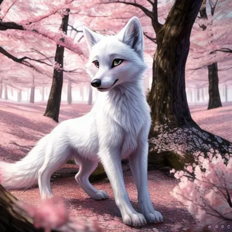 painting of a white wolf in a pink forest with trees