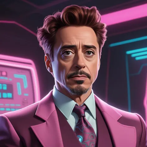 Robert Downey Jr. depicted by Disney, cyberpunk, retrowave