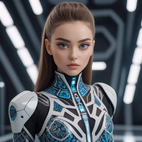 a woman in a futuristic suit with a futuristic face and blue eyes