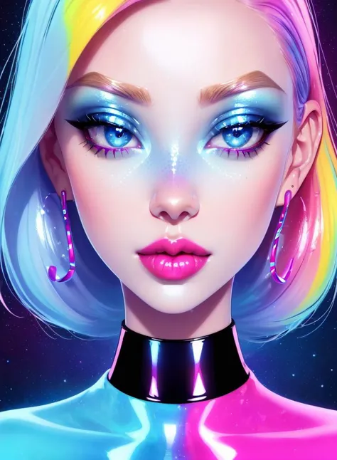 1girl, solo, (slutty bratty bimbo:1.1), fashion, shiny transparent jacket, latex crop-top, beautiful detailed blue_eyes, smile, twintails, blonde_hair, abstract geometric background, iridescent, chromatic aberration, closeup, face focus,

[(colorful explosion psychedelic paint colors:1.2)::15],

magazine cover, cover art, illustration, studio shot, (anime:0.8),

realistic proportions,
(subsurface skin scattering:1.2), (shiny skin:1.2), (oily skin:1.2), 3d, waxy skin, skin pores, plastic, glossy,
choker, earrings, eyelashes, eyeshadow, lips, lipstick, jewelry, makeup, nose, parted lips,

studio_ghibli_anime_style style, copeseethemald style, thepit bimbo,