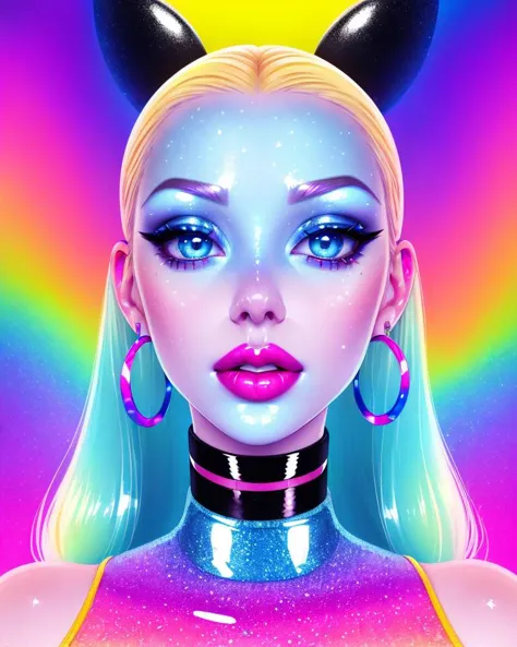 1girl, solo, (slutty bratty bimbo:1.1), fashion, shiny transparent jacket, latex crop-top, beautiful detailed blue_eyes, smile, twintails, blonde_hair, abstract geometric background, iridescent, chromatic aberration, closeup, face focus,

[(colorful explosion psychedelic paint colors:1.2)::15],

magazine cover, cover art, illustration, studio shot, (anime:0.8),

realistic proportions,
(subsurface skin scattering:1.2), (shiny skin:1.2), (oily skin:1.2), 3d, waxy skin, skin pores, plastic, glossy,
choker, earrings, eyelashes, eyeshadow, lips, lipstick, jewelry, makeup, nose, parted lips,

studio_ghibli_anime_style style, copeseethemald style, thepit bimbo,