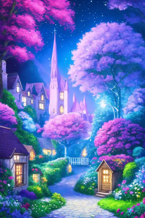 a painting of a beautiful night scene with a church and a pathway