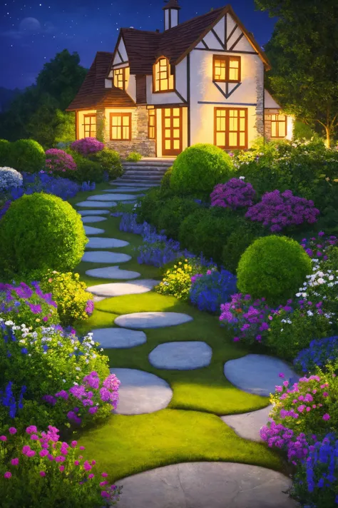 a vibrant, enchanted garden with a variety of magical flora glowing under the moonlight, with a quaint stone cottage in the back...