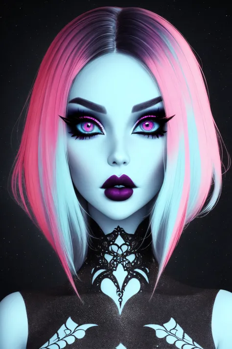 a close up of a woman with pink hair and black and white makeup