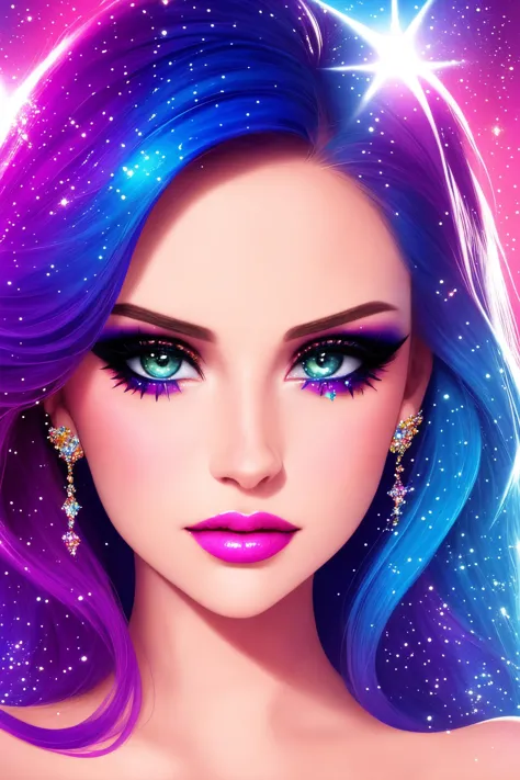 a girl with blue hair and purple hair with stars in the background