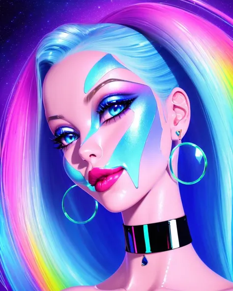 a close up of a woman with a blue face and a rainbow hair