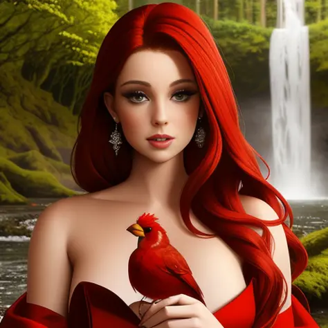 closeup portrait of a beautiful red haired woman, wearing a long flowing red gown, holding a cardinal bird, in a forest with a l...