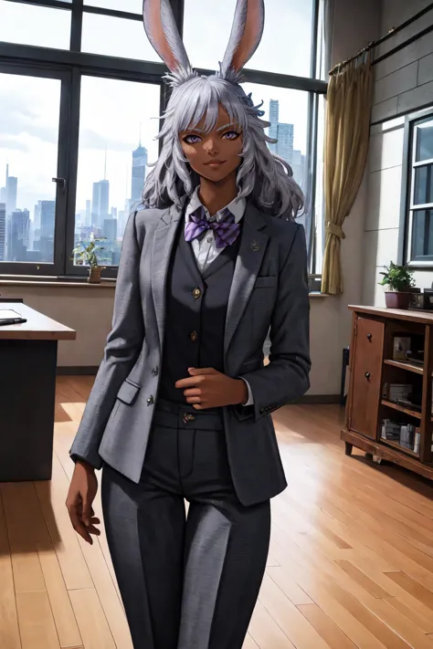 (masterpiece, best quality), indoors, modern office, window, city, cowboy shot, 1girl, solo, LynaFF14, dark-skinned female, purple eyes, <lora:LynaFF14_V1-Manityro-dadapt:1>, looking at viewer, smug, grey blazer, grey suit pants, bowtie