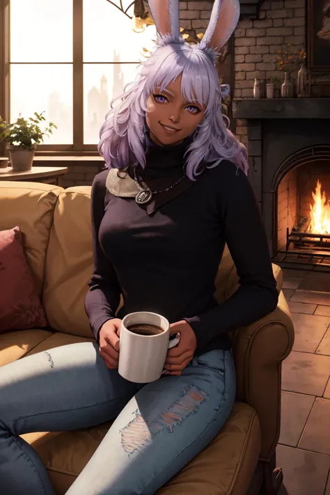 there is a woman sitting on a couch with a cup of coffee