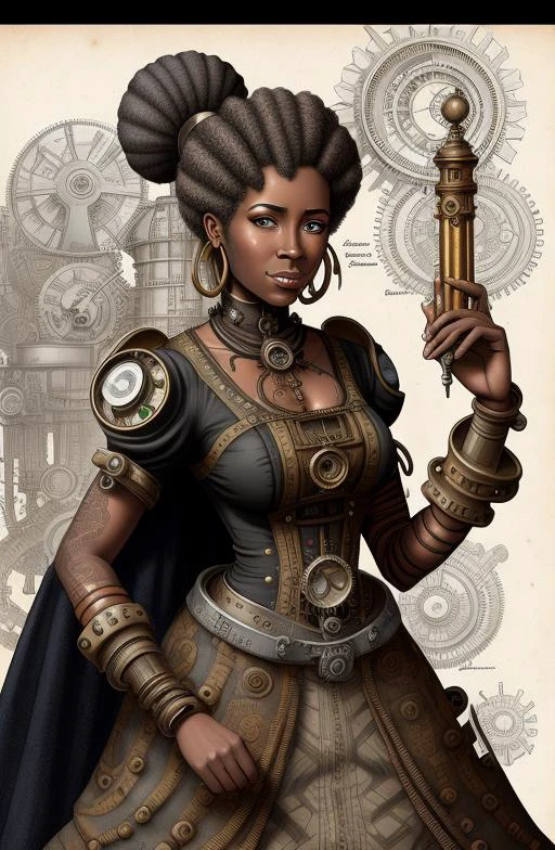 style-afro-steampunk un croquis au crayon et à l’encre d’une femme machiniste dans son atelier