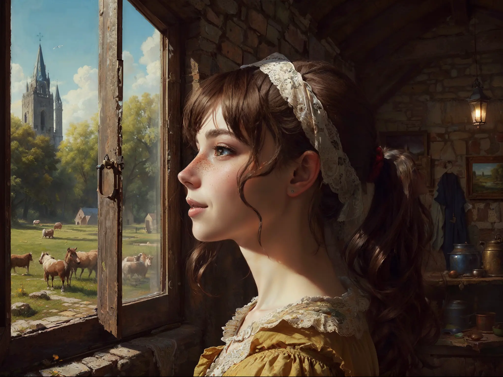 1 girl, (person [close shot]), (touching face with right hand: 1.6)
Bright eyes, (eye details), cute, flushed, (smiling), [curly hair], twin ponytails, medieval country girl hairstyle, (16 years old), medium build, [freckles]
Medieval country dress, 【turban】
Look up, look, (to the window), look into the camera
Medieval rural background, medieval rural warehouse, medieval rural windows, (environmental elements are rich), depth of field
window light, illuminating people
colorful
Master-level composition, focus on key figures,
Realism, oil painting texture, impasto texture
Masterpiece, award-winning, best quality, masterpiece, ultra detailed, hires, 8K, extremely detailed CG unity 8k wallpaper, intricate, highly detailed, realistic
Art by Ivan I. Shishkin