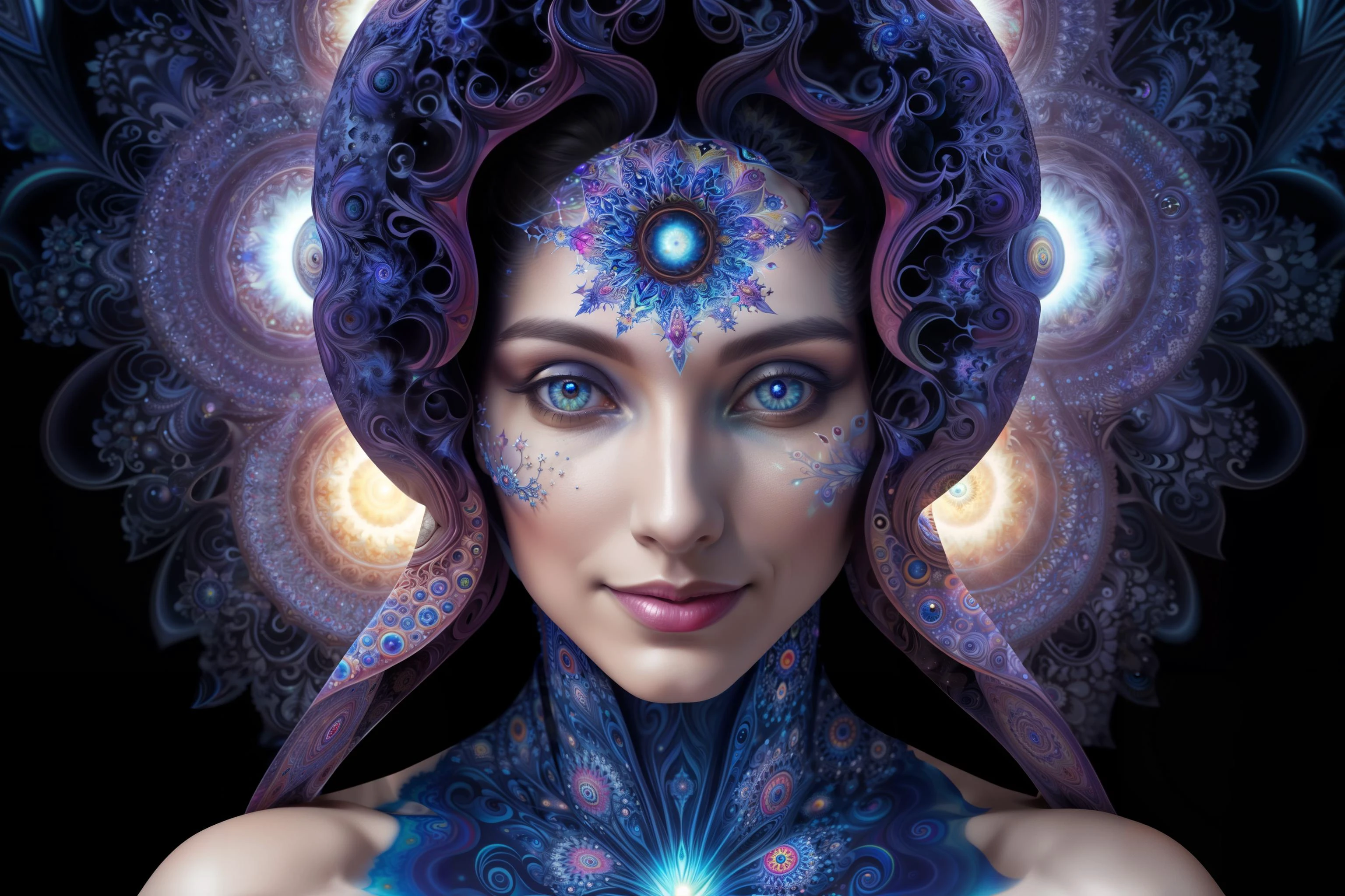 Modèle psychédélique regardant le spectateur, photographie de portrait primée, 1femme, Focus visage, vif, avec des fractales en arrière-plan, femme extraterrestre, détaillé, troisième oeil, yeux brillants, Modèle fractal, sourire léger, pièce d&#39;art, éclairage cinématographique, éclairage à deux points, 