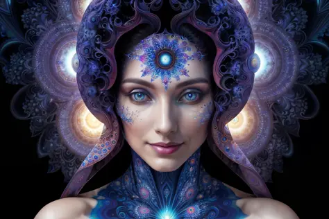 Psychedelic model looking at viewer, award winning portrait photography, 1woman, focus face, vivid, with fractals in background, alien woman, detailed, third eye, glowing eyes, fractal pattern, light smile, art piece, cinematic lighting, two point lighting, <lora:epi_noiseoffset2:0.3>