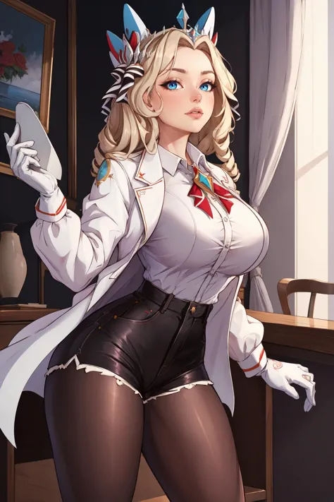 (masterpiece, best quality, absurdres, 4k, aesthetic, detailed, intricate),1girl,nikkecrwn,tiara, hair ribbon, drill hair, drill locks, white jacket, white shirt, frilled shirt, broach, high-waist shorts, pantyhose, gloves  <lora:crown-nikke-richy-v1:0.9>