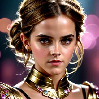 photo of emma watson, 1980s, beauty face, armor gold, hair pink, ((realism)), extremely high quality RAW photograph, ultra detai...