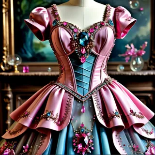 A dress transparent, glass, pink, gem, details, detailed scene, magical items, highly detailed scene, masterpiece, 3D, sculptura...