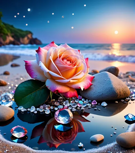 waning moon. flowers roses, stones transparent and diamond crystal in water, on the beach, fantasy, smoke , photo, HD, 8K ,