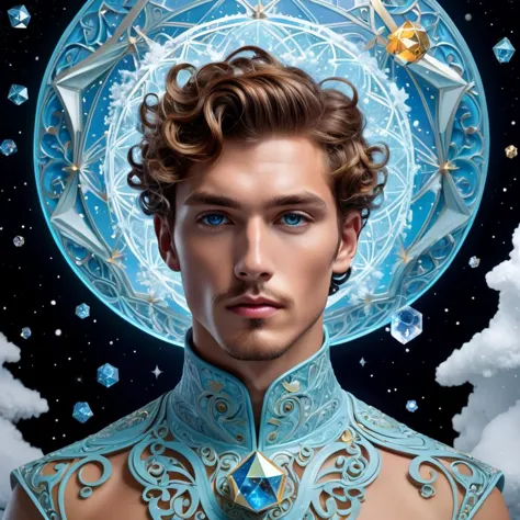 Surrealist Art Nouveau male , Junior fashion, Pacific Islanders, Light blue eyes, Curly ears, High jawline, cheekbones, Chestnut...