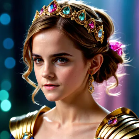 photo of emma watson, 1girl ,1980s, beauty face, armor gold, hair pink, ((realism)), extremely high quality RAW photograph, ultr...