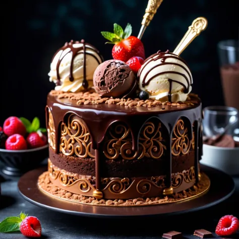 cake, ice cream, chocolate, intricate detail ,dark background , HD, 8k, Photography,