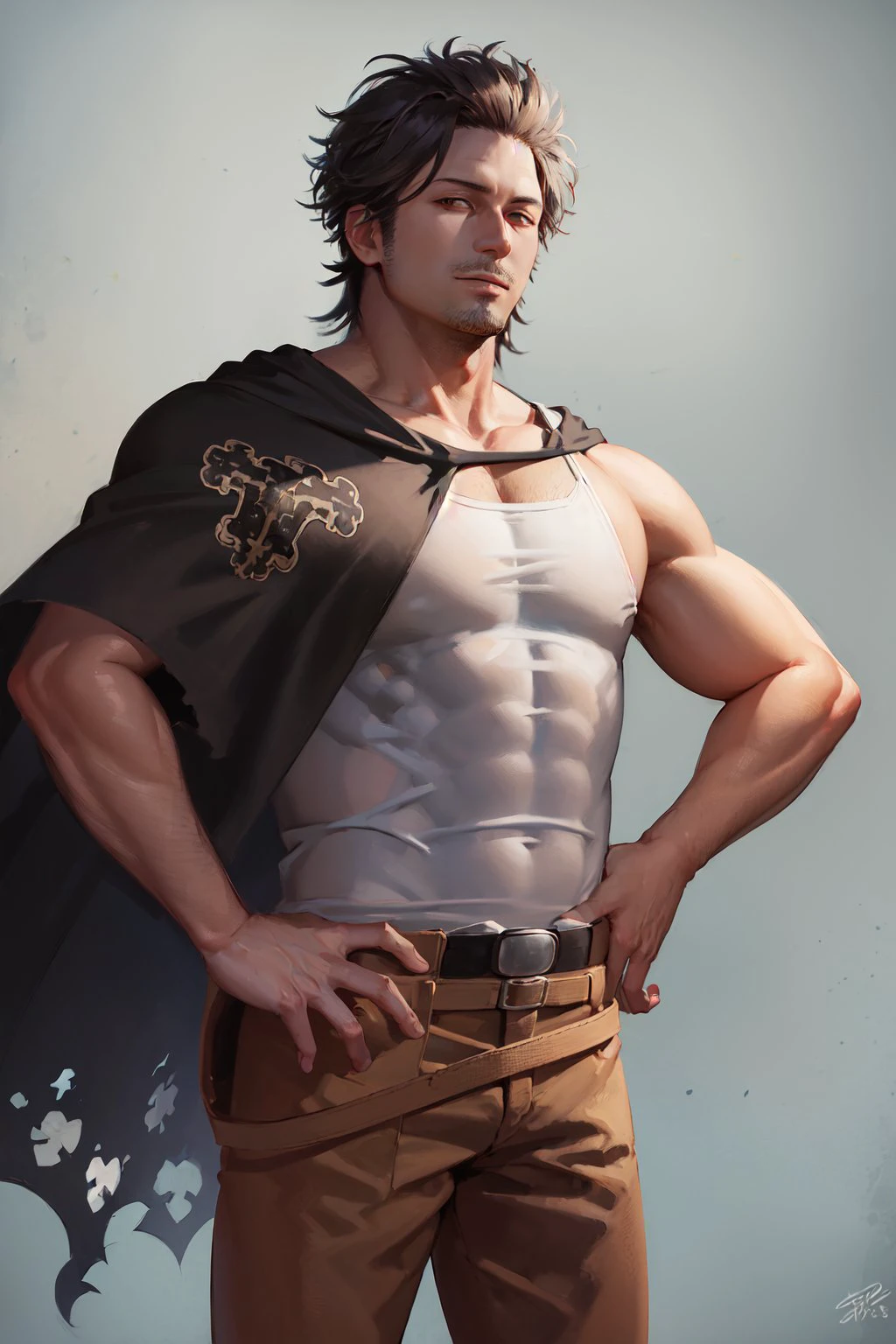 (masterpiece, best quality:1.2), cowboy shot, solo, male focus, 1boy, yami sukehiro, muscular male, facial hair, sideburns, stubble, slight smile, looking at viewer, hand on hip, tank top, 
capelet, pants