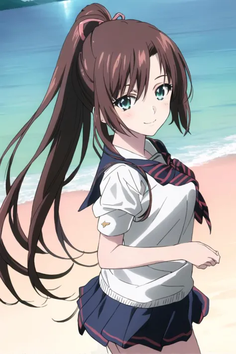 a woman in a sailor outfit standing on a beach next to the ocean