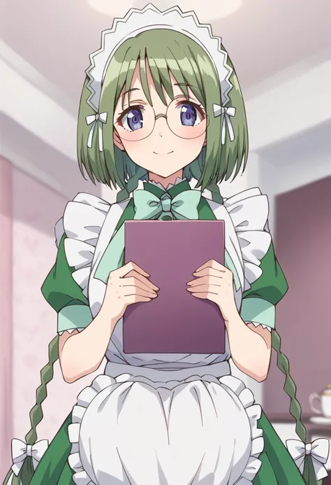 score_9, score_8_up, score_7_up, source_anime BREAK
midorikawa lettuce, waitress, glasses, 1girl, green hair, maid, blue eyes, solo, maid headdress, round eyewear, looking at viewer, solo, hair ribbon, pov, maid apron, smile, bowtie, hair bow, very long hair, frills, twin braids, white apron, closed mouth, teacup, blush, indoors, blurry background, puffy short sleeves, green dress, teapot, depth of field, enmaided, eyebrows visible through hair, purple eyes, green neckwear, shiny hair, frilled apron, bangs, white bow, upper body, white ribbon, saucer, green bow, bespectacled, standing, holding menu
<lora:mew_lettuce_midorikawa_lettuce_sdxl_locon_pony_v1:0.7>