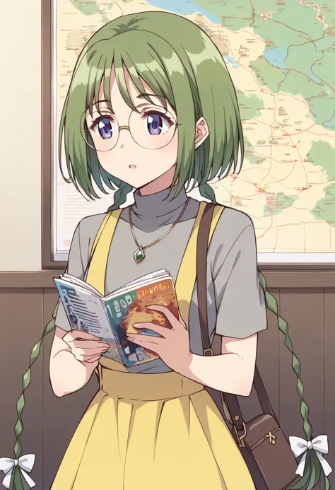 score_9, score_8_up, score_7_up, source_anime BREAK
midorikawa lettuce, 1girl, glasses, solo, blue eyes, jewelry, green hair, necklace, hair ribbon, reading, grey shirt, open mouth, handbag, twintails, round eyewear, short sleeves, turtleneck, book, hair bow, magazine, eyebrows visible through hair, short hair, shoulder bag, :o, bangs, very long hair, twin braids, white ribbon, pendant, indoors, casual, white bow, short hair with long locks, parted lips, holding book, upper body, yellow skirt, long skirt, high-waist skirt, rimless eyewear, standing, suspenders, map, looking away, tress ribbon, purple eyes, sidelocks, cowboy shot, shiny hair, holding magazine, looking to the side, yellow dress, sleeveless dress
<lora:mew_lettuce_midorikawa_lettuce_sdxl_locon_pony_v1:0.7>