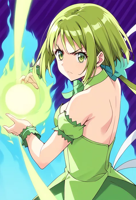 score_9, score_8_up, score_7_up, source_anime BREAK
mew lettuce, 1girl, solo, green eyes, green hair, wrist cuffs, bare shoulders, ponytail, serious, hair ornament, magic, hair ribbon, floating hair, green dress, detached sleeves, eyelashes, back bow, short hair, puffy detached sleeves, closed mouth, blue background, blue fire, bow, v-shaped eyebrows, striped background, strapless dress, purple background, medium breasts, frown, fighting stance, upper body, sleeveless dress, green theme, green fire, energy ball, sideboob, very long hair, fireball, henshin, holding, pointing, low ponytail, from side, wristband, anime coloring, puffy short sleeves, flame, armpits, looking at viewer, shiny hair, angry, bangs, leotard, green choker, arm garter, green skirt, gloves, white ribbon, charge stance, kamehameha charge stance,
<lora:mew_lettuce_midorikawa_lettuce_sdxl_locon_pony_v1:0.7> <lora:energy_beam:0.9> <lora:kamehameha charge stance:0.7>