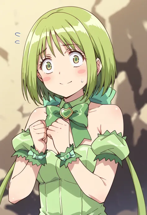 score_9, score_8_up, score_7_up, source_anime BREAK
mew lettuce, green hair, 1girl, green eyes, puffy detached sleeves, short hair, solo, bare shoulders, wrist cuffs, sweat, sweatdrop, blush stickers, green choker, bowtie, hair bow, green leotard, smile, green dress, hair ribbon, long hair, upper body, wide-eyed, closed mouth, bracelet, medium breasts, waist ribbon, looking at viewer, bangs, clenched hands, detached collar, blush, eyebrows visible through hair, constricted pupils, green bow, strapless, puffy short sleeves, eyelashes, necklace, green neckwear, cave, low twintails, multi-tied hair, bob cut, brooch, wristband, anime coloring, white ribbon, flying sweatdrops, 
<lora:mew_lettuce_midorikawa_lettuce_sdxl_locon_pony_v1:0.7>