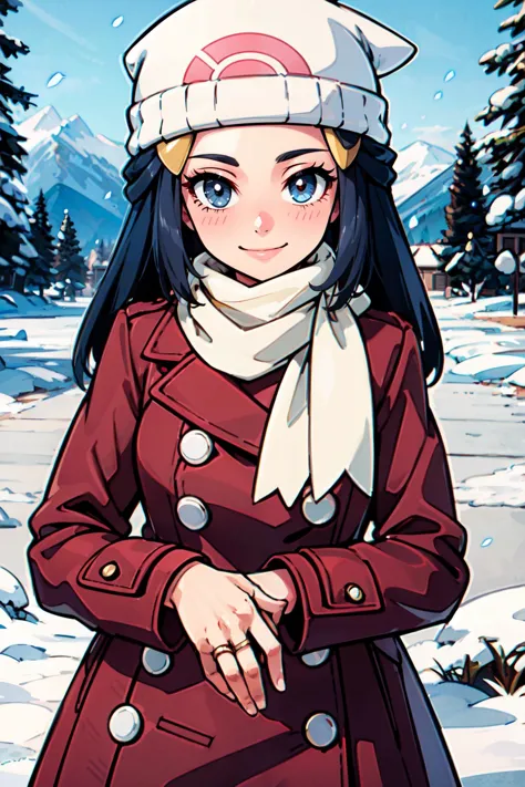 anime girl in winter coat and hat standing in snow covered area