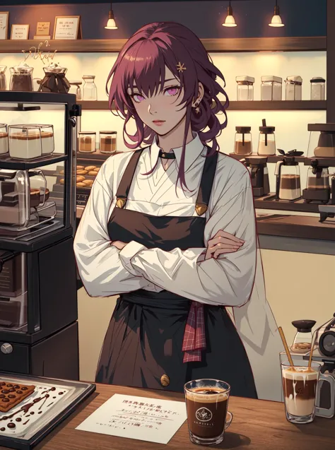 ((masterpiece)), Kafka Honkai: Star Rail, Kafka, 1girl, purple eyes, solo focus, correct anatomy, ((soft coloring)), (dimmed light:1.1), brown apron, (barista:1.2), coffee shop, glass display case pastry, (garland), crossed arms, 