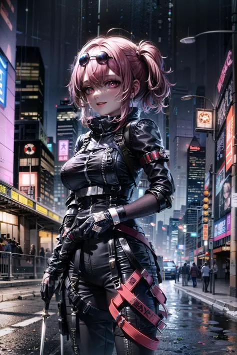 1girl, standing, cowboy shot, star-kafka, pink hair, pink eyes, eyewear on head, sunglasses, large breasts, parted lips, urbansamurai, clothing, style, techwear, katana, building, city, city lights, cityscape, skyscraper, neon lights, rain, skyline, night, tokyo \(city\), street, car, lights, outdoors, reflection, wet, crosswalk, studio ghibli,
masterpiece, best quality, detailed, sidelighting, lustrous skin,