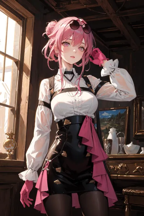 (best art, :1.3),
good detailed, (glowing background),
best quality, wide-angle Hyperdetailed, masterpiece, 8k, natural lighting, soft lighting, sunlight, HDR (High Dynamic Range), Maximum Clarity And Sharpness, Multi-Layered Textures,
 star-kafka, pink hair, hair bun, eyewear on head, shirt, gloves, sunglasses, mature female