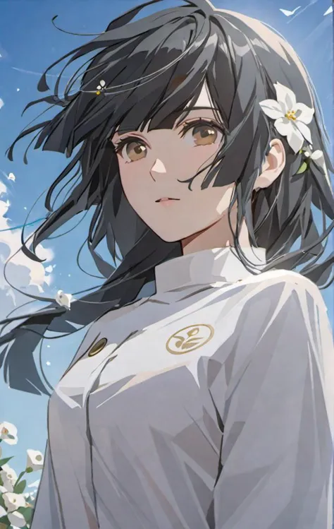 masterpiece,best quality, solo, eda, 1girl, <lora:EdaXL_V1-000040:0.65>, bangs, black hair, white clothes, upper body, white flower,blue sky,cloud