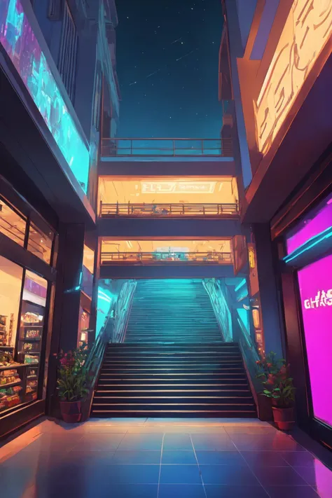 (masterpiece), (best illustration), (no humans), anime background, shopping mall, ring lighting , rim lighting,(extremely detail...