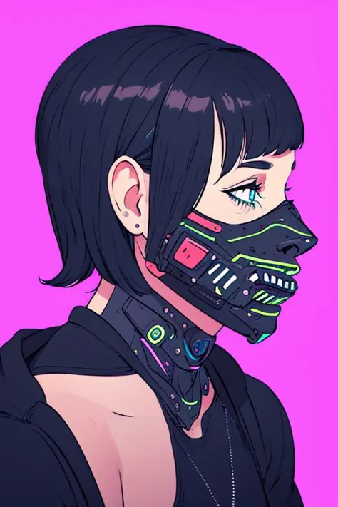 a woman with a mask on her face and a pink background