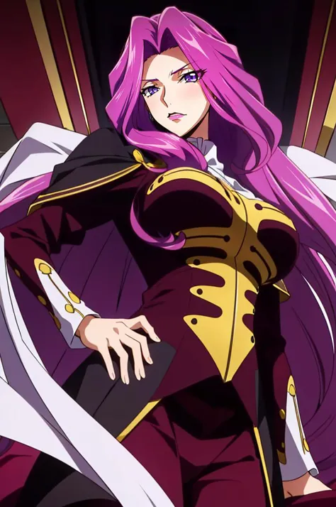 a close up of a woman with long purple hair and a cape