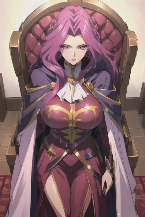 a woman in a purple dress sitting on a chair with a sword