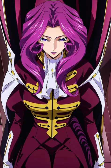 <lora:ANIME_CodeGeass_CorneliaLiBritannia_v10:1>cornelia_li_britannia, 1girl, purple eyes, purple hair, long flowing hair, breast, royal outfit, looking down, 64K, f1.2, 800mm, UHD, dynamic lighting