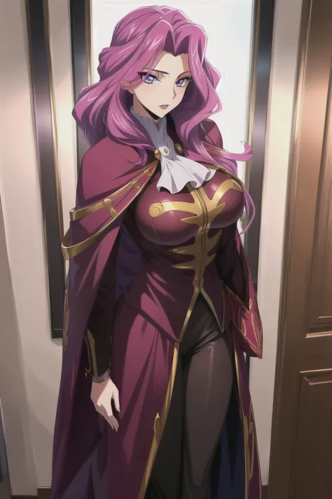 a woman in a purple dress and cape standing in front of a door