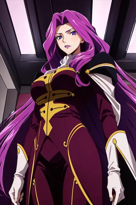 a woman with purple hair and a cape is standing in a room