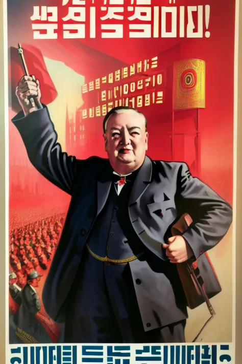 (8K, RAW photo, best quality, masterpiece:1.2), (realistic, photo-realistic:1.37), ultra-detailed, ultra high res, masterpiece, best quality, detailed background, propaganda poster of Prime Minister Winston Churchill making a speech to Parliament, ((full shot)),  <lora:northKoreaPropaganda_v10:1>